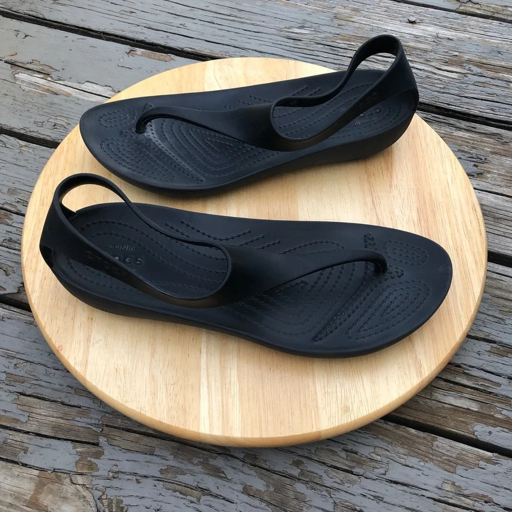 Crocs Serena Sexi Flip Flop Sandal Womens 8 US Black Thong Slingback Flat 205468